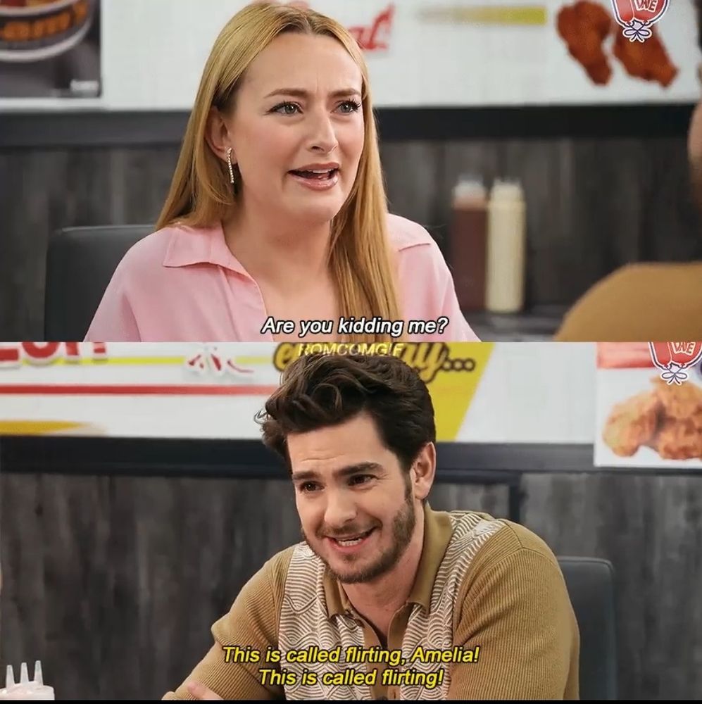 A blonde woman in a pink top says, "are you kidding me?" A brown-haired man with a beard replies, "it's called flirting, Amelia! It's called flirting!"