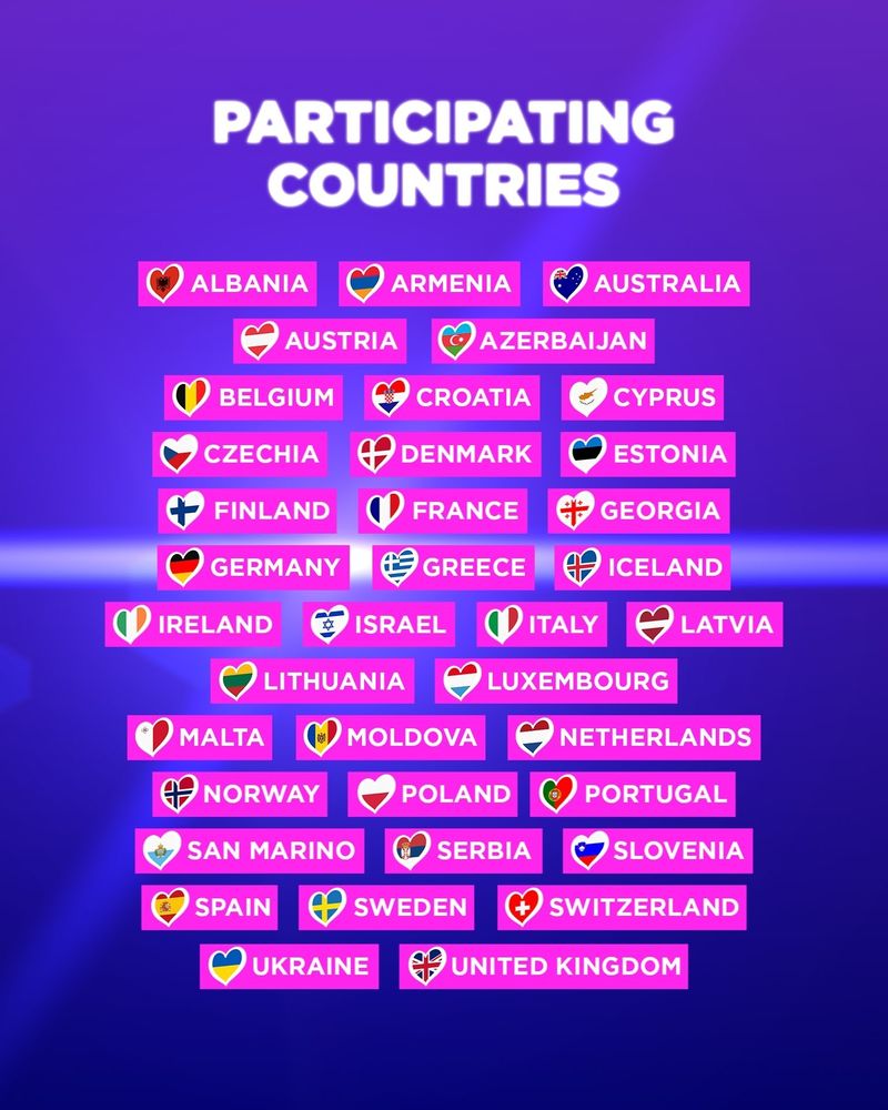 Image shows a list of the partipating countries for Eurovision 2024.
Albania
Armenia
Australia
Austria
Azerbaijan
Belgium
Croatia
Cyprus
Czechia
Denmark
Estonia
Finland
France
Georgia
Germany
Greece
Iceland
Ireland
Israel
Italy
Latvia
Lithuania
Luxembourg
Malta
Moldova
Netherlands
Norway
Poland
Portugal
San Marino
Serbia
Slovenia
Spain
Sweden
Switzerland
Ukraine
United Kingdom