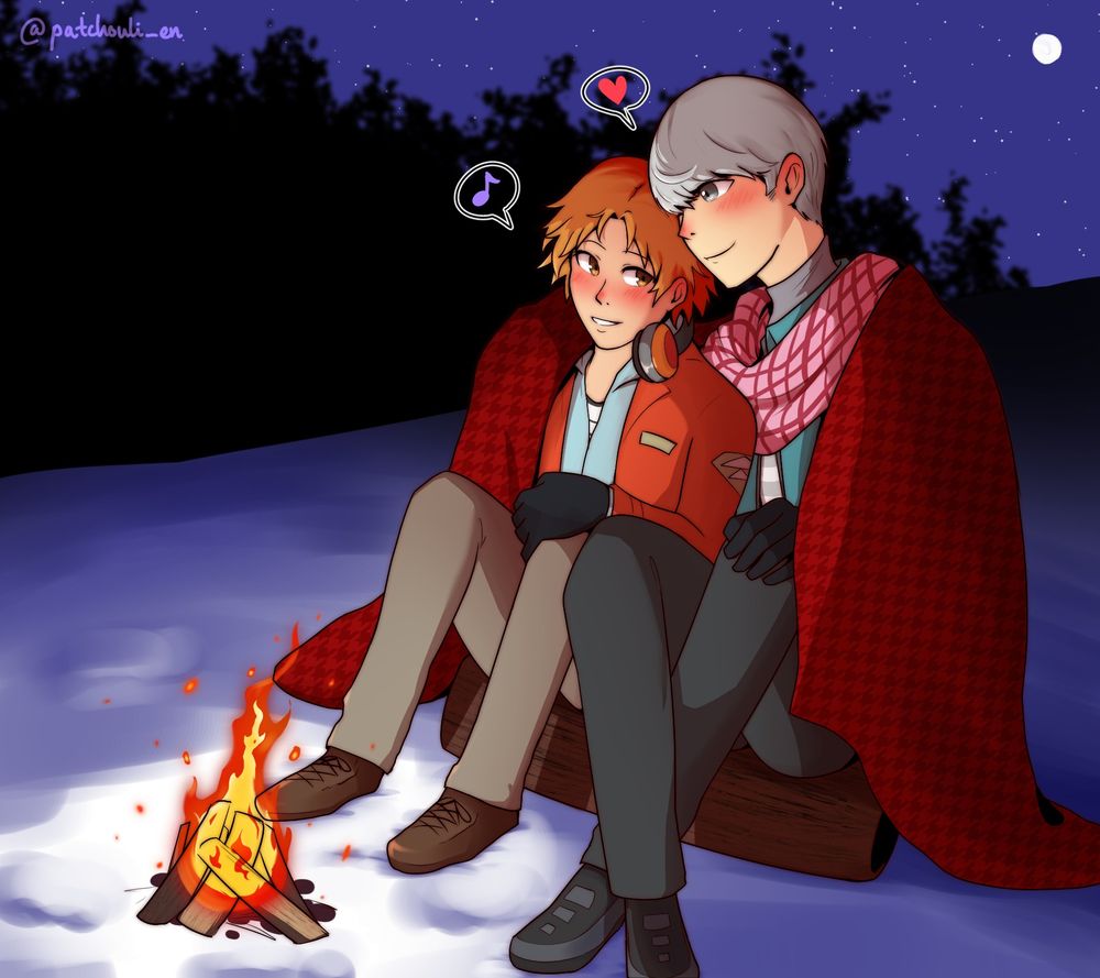souji seta and yosuke hanamura lovingly cuddling for warmth outdoors on a winter night, in front of a campfire.