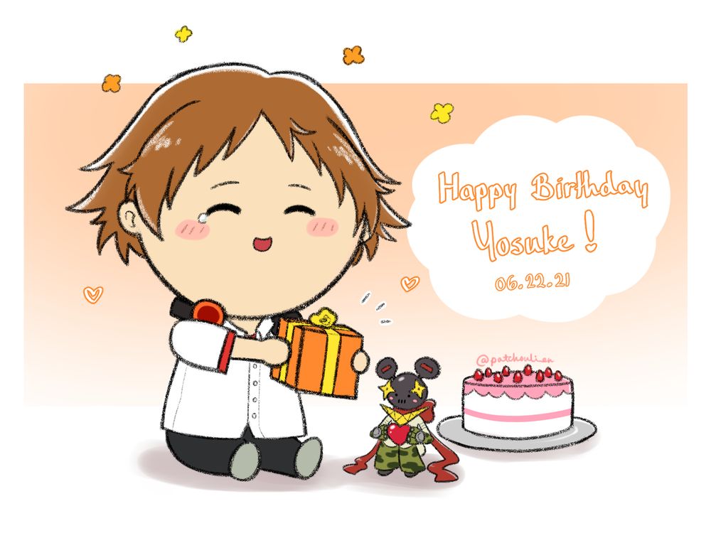 chibi yosuke hanamura with a present, cake, and jiraiya doll