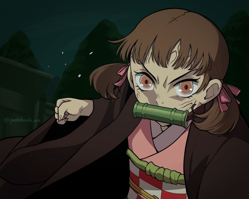 parody of demon slayer's nezuko but instead as nanako dojima. nanako is angry and fighting.