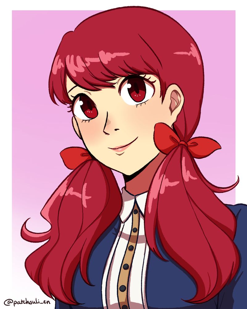 bust-up illustration of kasumi yoshizawa with her hair in pigtails tied with small red ribbons.