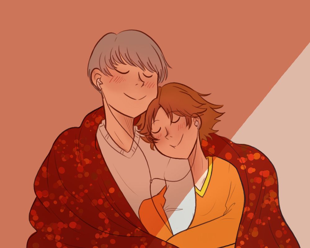yu narukami and yosuke hanamura snuggling under a blanket