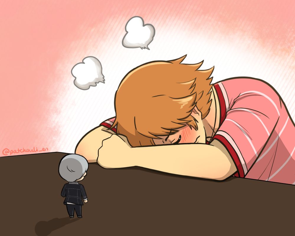 yosuke, embarrassed and head down on a table, with a yu nendroid in front of him.