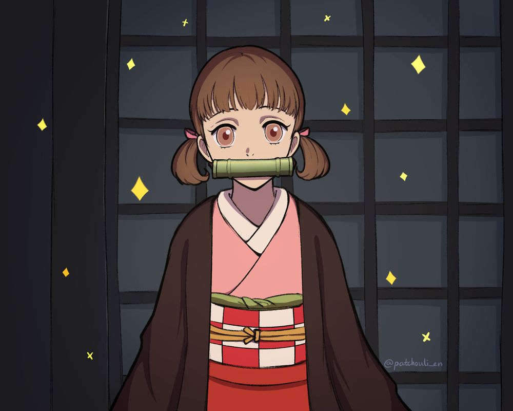 parody of demon slayer's nezuko but instead as nanako dojima. nanako is standing and sparkly.