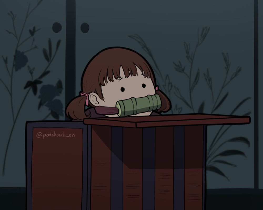 parody of demon slayer's nezuko but instead as nanako dojima. nanako sits in the box.