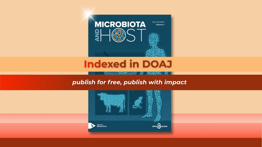 Microbiota and Host journal colour. 
Text - Indexed in DOAJ. publish for free. publish with impact.
Gradient of DOAJ brand colours along the bottom on image.