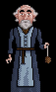An old man, white hair and beard, in clerk clothes, holding a pineapple attached to a string.