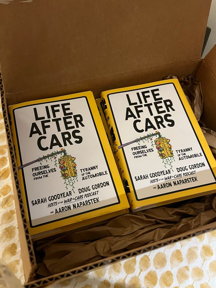 Cardboard box with Life After Cars in them, books in two stacks. 