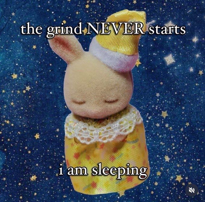 Picture of a little bunny wearing a pajama hat and rolled up in a blanket over a starry sky background. Captions: the grind NEVER starts, i am sleeping.