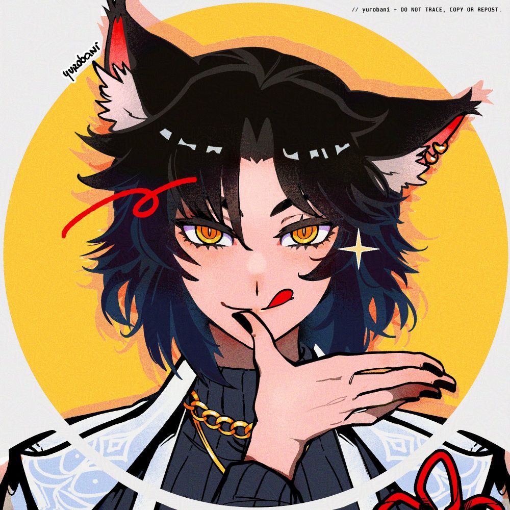 Drawing of a cat boy with black hair and golden eyes.
