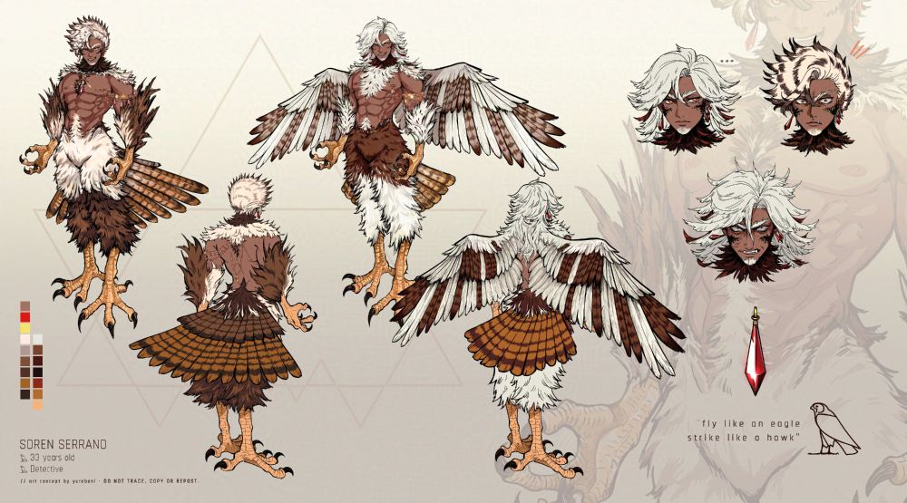 Character design sheet featuring a male harpy inspired on a leucistic red-tailed hawk. There are two depictions, a summer variant with shorter hair and wingless, and a winter variant with wings and longer hair. He wears golden jewelry and ruby earrings.