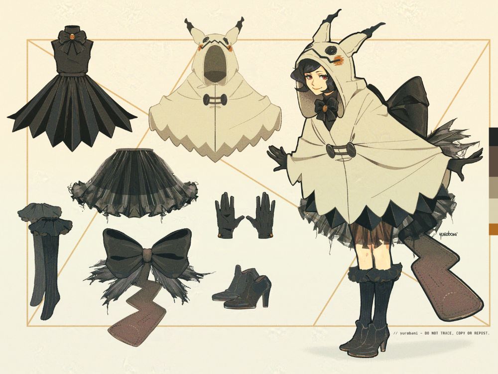 Design sheet featuring a Mimikyu costume with its different parts and color palette.