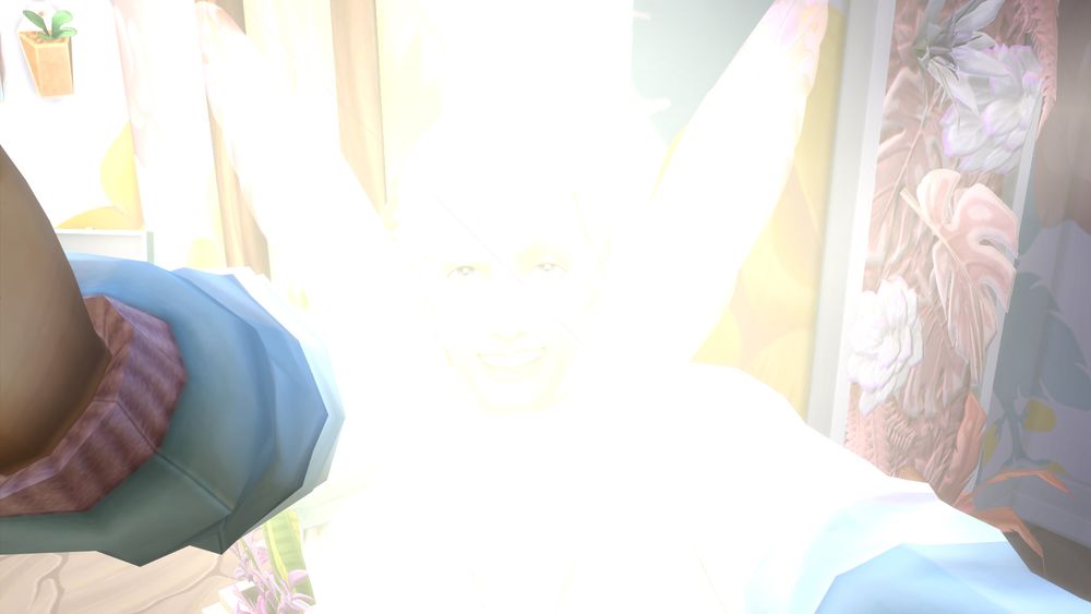 Screenshot of the sims 4. Sim is taking a selfie with the flash on, so everything is blown out in light.