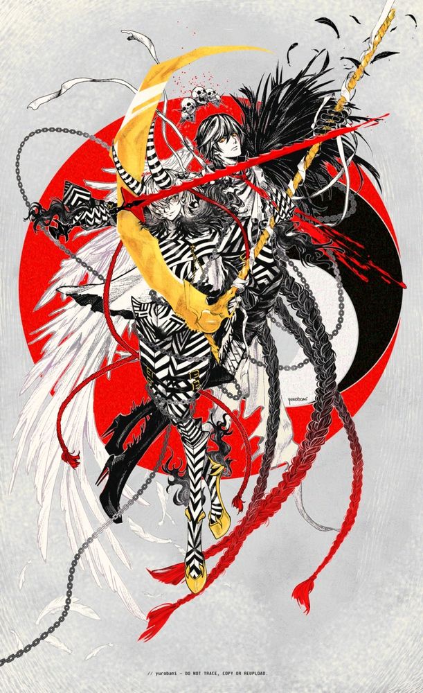 Artistic rendition of the characters Akechi Goro from Persona 5 and Light Yagami from Death Note. Goro's design features a fusion with the persona Loki, sporting its horns and body with striped design. He holds a bloody sword up to Light's neck, whose design features Shinigami features. His body is skeletal and black, with black feathers on one shoulder and a single white, tattered wing on the other. He's pale and above his head floats a crown of skills. He holds a golden scythe against Goro's neck. A chain surrounds them and binds them together. They float in front of a red and black circle on a light gray background.