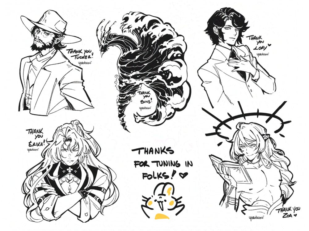 Assortment of black and white drawings of characters requested at yuro's stream. All of them are male, except for the one in the middle which is a phoenix made out of waves.