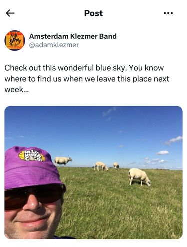 Screenshot of a x post: happy person with a purple hat and sunglasses, in front of a green dike with sheep. Above is a beautiful blue sky with a few tiny clouds. Text: ‘Check out this wonderful blue sky. You know where to find us when we leave this place next week…’