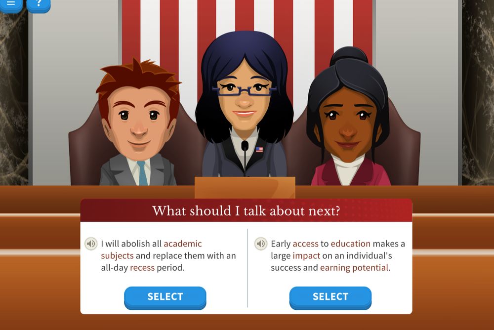 Image of a purple-haired, possibly Asian woman POTUS surrounded by a young white male Speaker and a brown-skinned woman VP, choosing between education policy options.