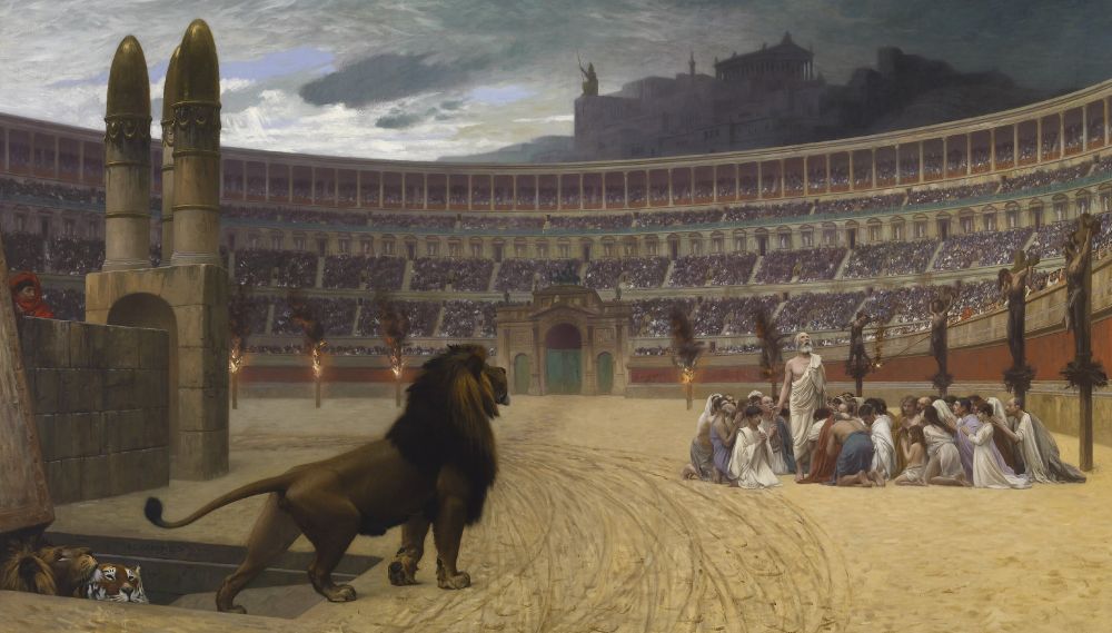 The painting "The Christian Martyrs' Last Prayer" by French artist Jean-Léon Gérôme (1883), which depicts a group of early Christians awaiting execution in a Roman arena.