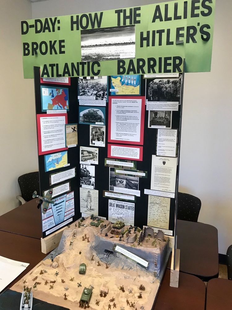 A National History Day display: "D-Day: How the Allies Broke Hitler's Atlantic Barrier, from March 2020, SW Michigan regional competition.