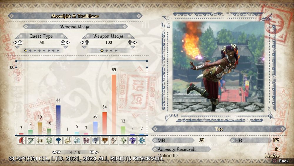 Screenshot of guild card for my character in monster hunter rise. The character is posing on top of a roof with the village in the background