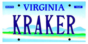 A Virginia license plate reading KRAKER