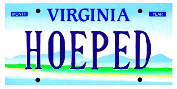 A Virginia license plate reading HOEPED