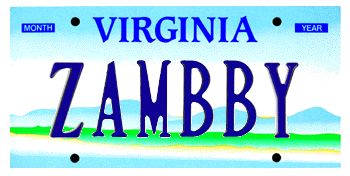 A Virginia license plate reading ZAMBBY