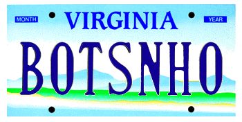 A Virginia license plate reading BOTSNHO