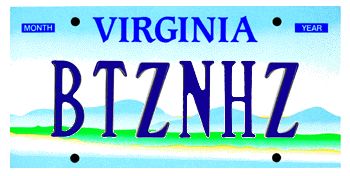 A Virginia license plate reading BTZNHZ
