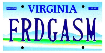 A Virginia license plate reading FRDGASM
