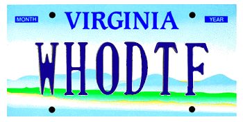 A Virginia license plate reading WHODTF