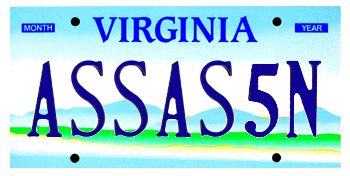 A Virginia license plate reading ASSAS5N