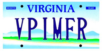 A Virginia license plate reading VPIMFR