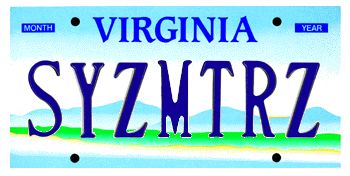 A Virginia license plate reading SYZMTRZ