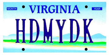 A Virginia license plate reading HDMYDK