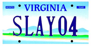 A Virginia license plate reading SLAY04