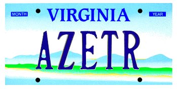 A Virginia license plate reading AZETR