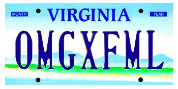 A Virginia license plate reading OMGXFML