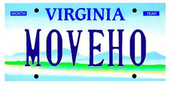 A Virginia license plate reading MOVEHO