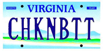 A Virginia license plate reading CHKNBTT