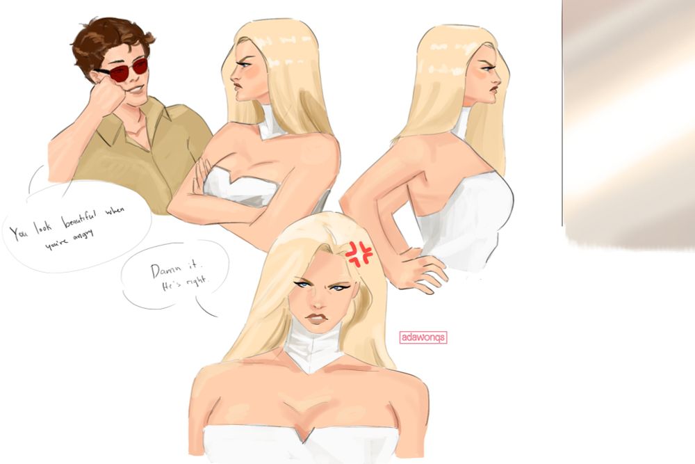 first panel. scott to emma: “you look beautiful when you're angry.”

second panel. we see emma looking in the mirror.

third panel of emma frost alone: “damn it. he's right.”
