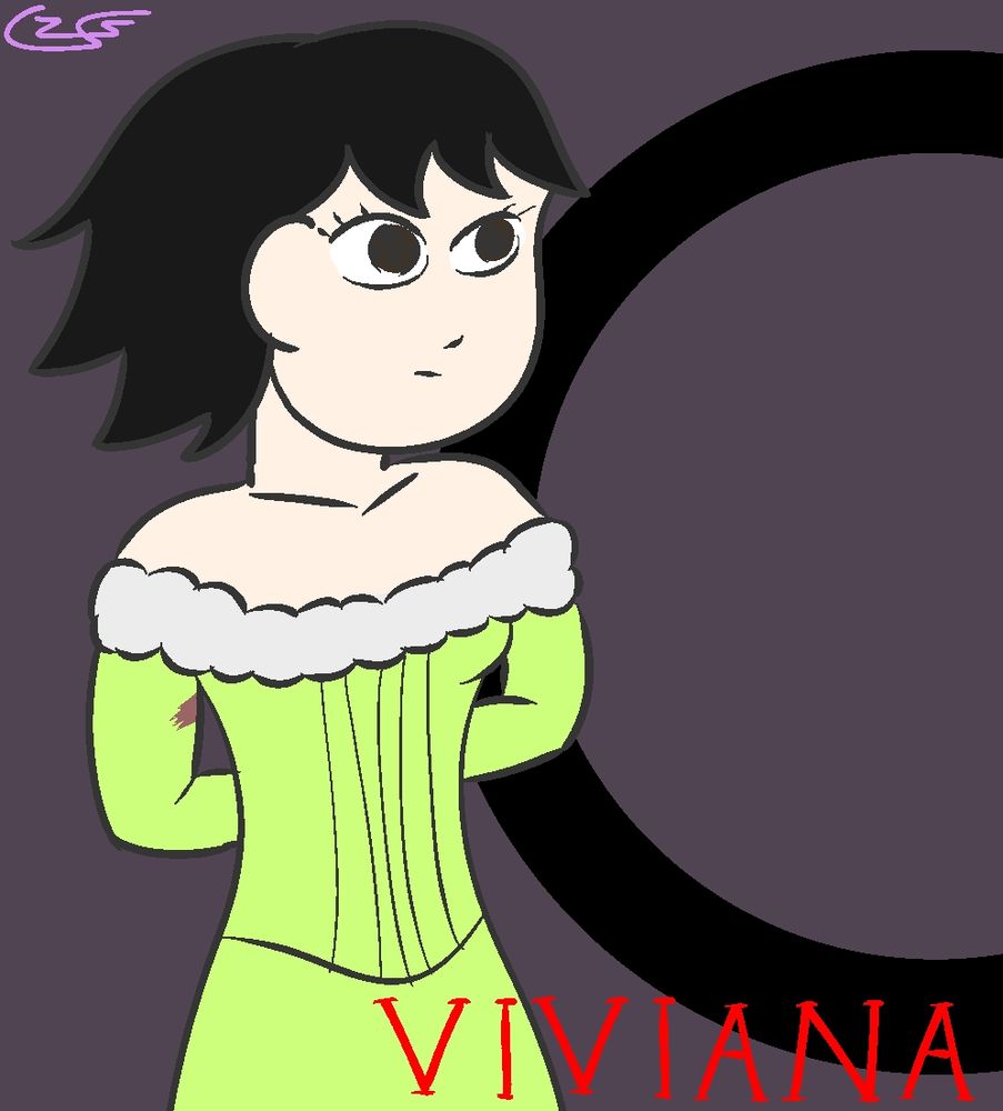 Viviana, a caucasian lady with black hair and brown eyes. She is wearing a green frilly dress with some kind of stain on the right arm.