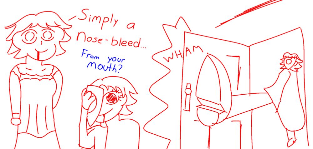 Vivianna has blood dripping from her mouth. She says, "Simply a nose-bleed..." to which someone off-screen replies, "From your mouth?"
Vivianna in disguise putting her mask back on, with blood dripping from her mouth
Vivianna in full disguise kicking a door open