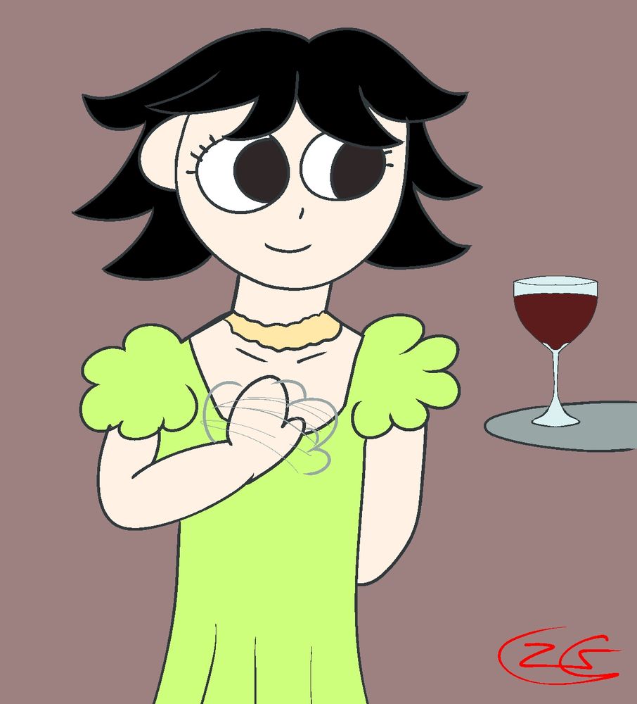 Vivianna in a dress, waving her hand to decline a glass of wine 