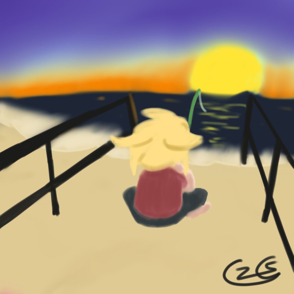An illustration of someone fishing at sunset.