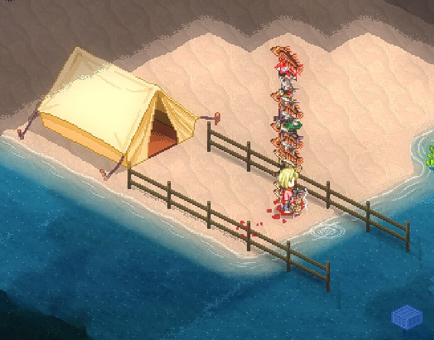 A screenshot of the game "Elin". A blonde figure is seen fishing in front of a fenced-in tent. Next to her is a several-meter high stack of fish.