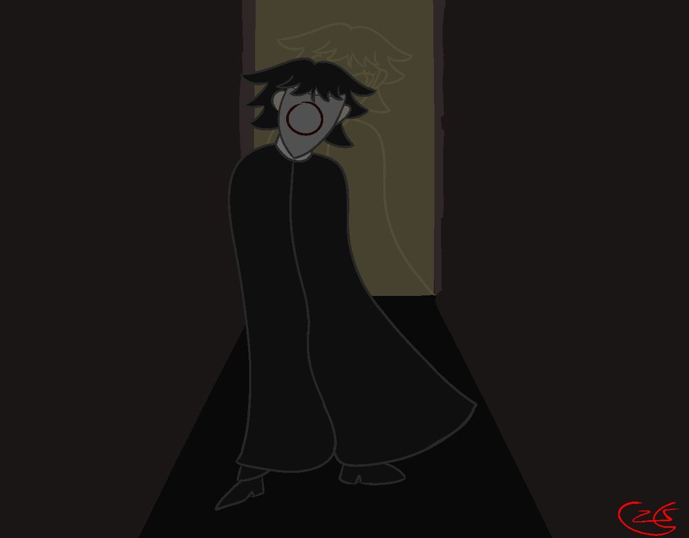 A black-haired pale figure in a cloak stands in a dark alley. The figure has a mask on, with a circle drawn in blood. A familiar silhouette can be seen behind the figure.