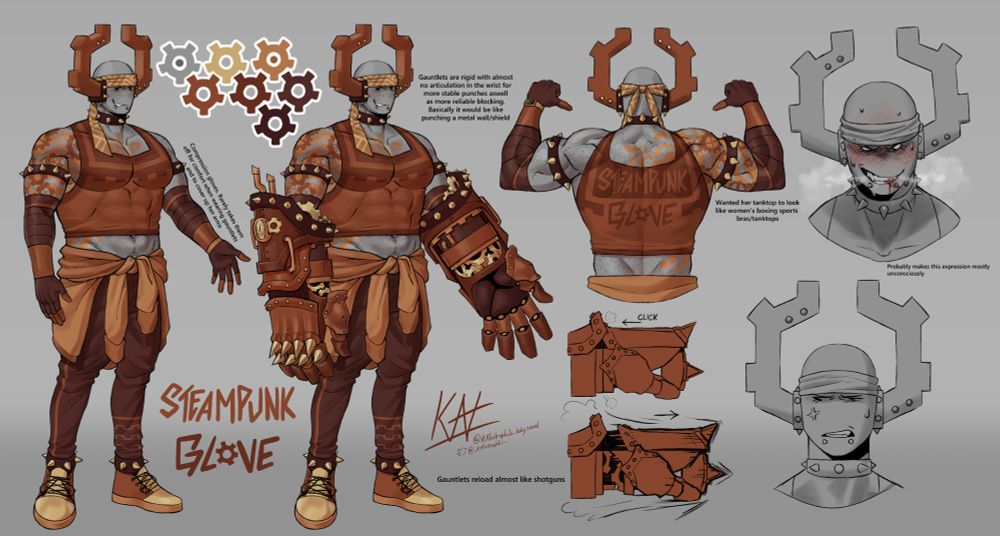 1. Compression gloves. Rarely takes them
off for comfort when wearing gauntlets
and to cover up her arms

2. Gauntlets are rigid with almost
no articulation in the wrist for
more stable punches aswell
as more reliable blocking.
Basically it would be like
punching a metal wall/shield

3. Gauntlets reload almost like shotguns

4. Wanted her tanktop to look
like women's boxing sports
bras/tanktops

5. Probably makes this expression mostly
unconsciously