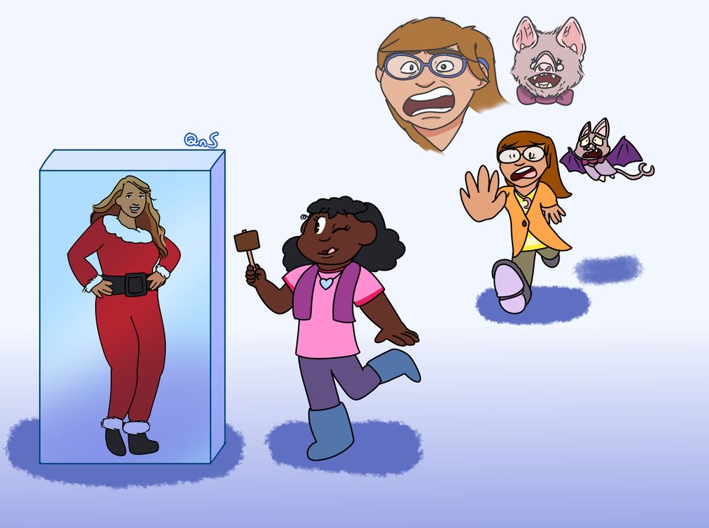 In the foreground, a woman holds up a hammer to a block of ice containing Mariah Carey, intending to break it and free her from her frozen seal. In the background, another woman accompanied by a bat, frantically rush towards her in an attempt to stop her. 